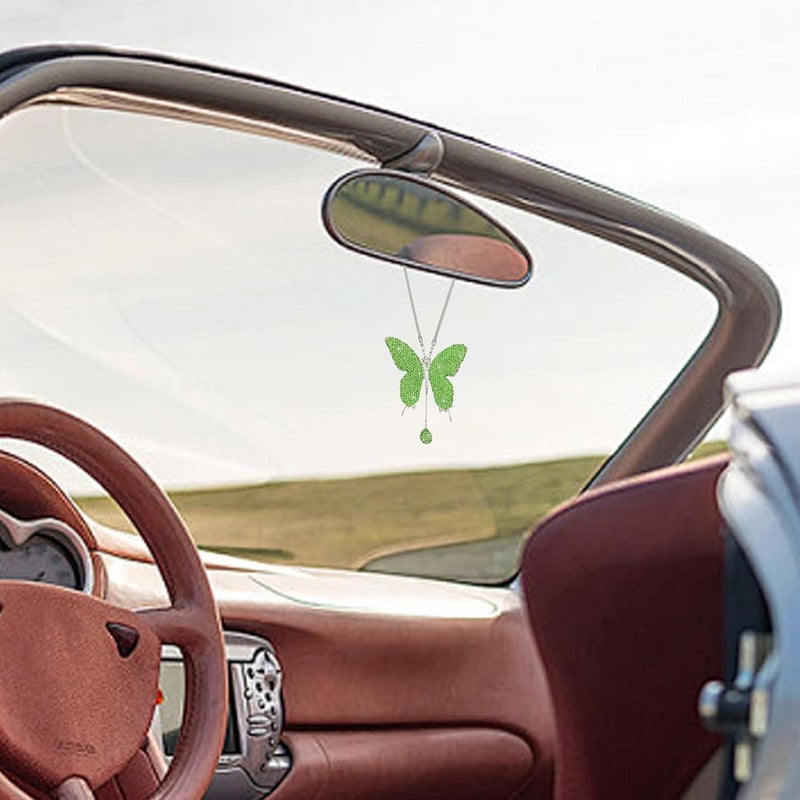 Couslcd Bling Butterfly Diamond Car Accessories, Crystal Car Rear View Mirror Charms for Women, Auto Decoration Lucky Hanging Interior Crystal Ornament Pendant Decor for All Cars (Light Green) - Image 3
